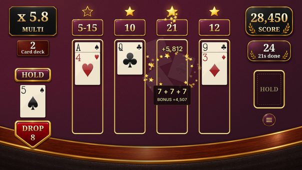 Burgundy table: 7 + 7 + 7 completes a column and pays a bonus of 4,507