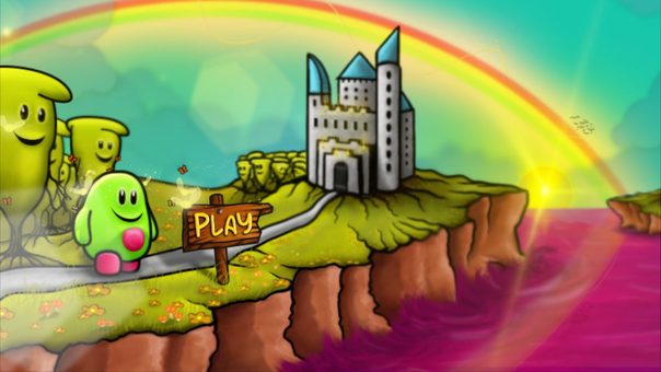Super Androix title screen: three green characters on a cliff path in front of a castle and a rainbow