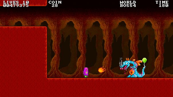 Boss fight against a blue dragon in a red cave