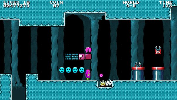 A level in the blue ice cave with spikes and narrow platforms