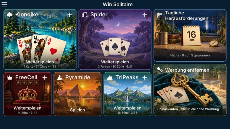 Die Startseite von Win Solitaire mit einer gemalten Kachel für jedes der fünf Spiele